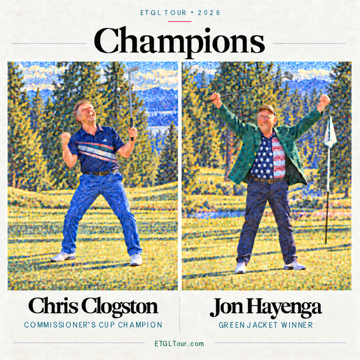 Pointillist illustration of Chris Clogston, left, and Jon Hayenga celebrating their 2026 ETGL titles with raised putters