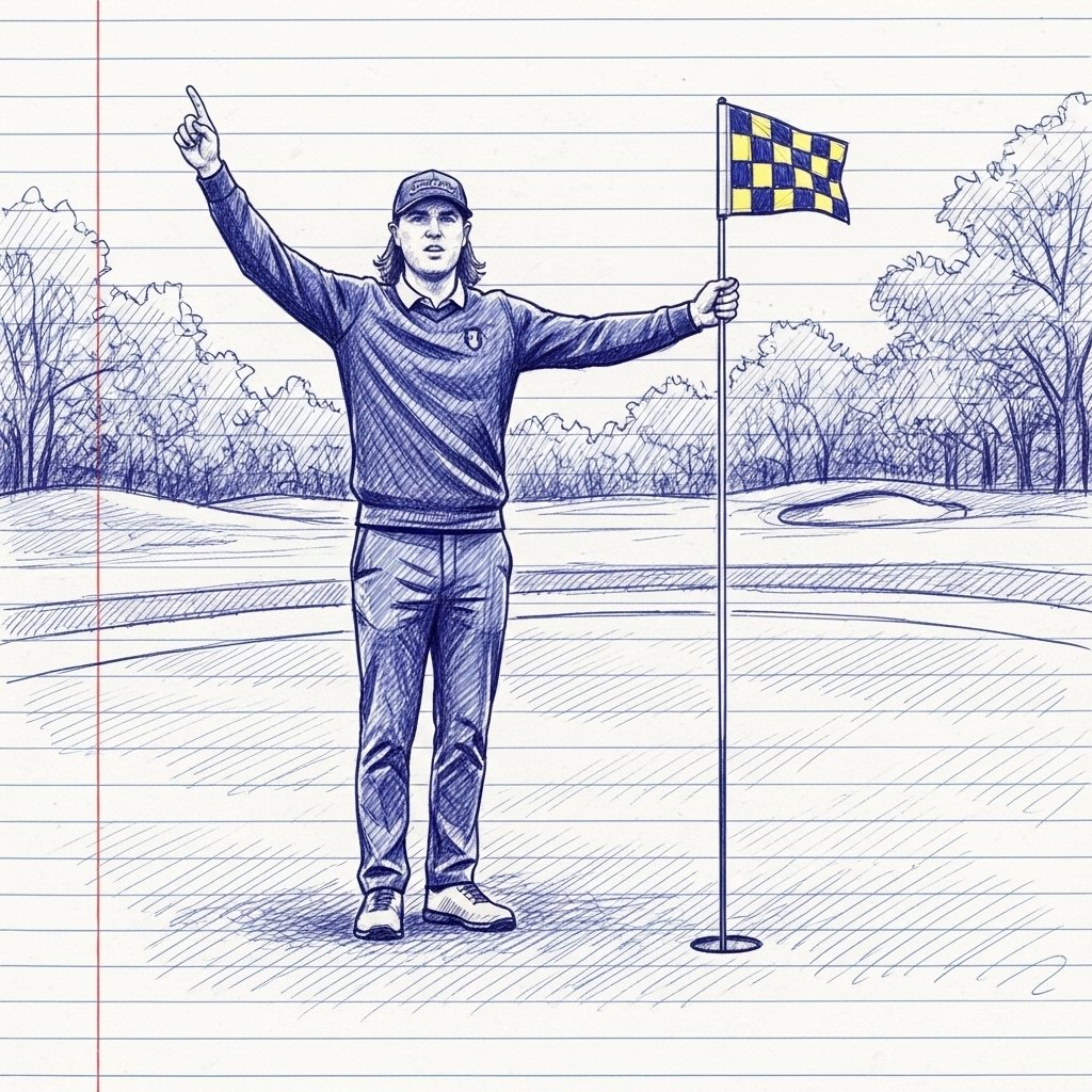 Ink illustration of Trevor's hole-in-one, arms raised beside the flag
